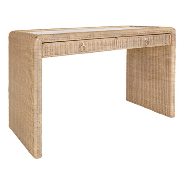 Matthew Izzo Home Adrien Woven Rattan Two Drawer Waterfall Edge Desk With Glass Top and Brass Drawer Pulls For Sale