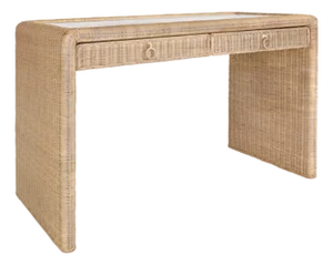 Matthew Izzo Home Adrien Woven Rattan Two Drawer Waterfall Edge Desk With Glass Top and Brass Drawer Pulls