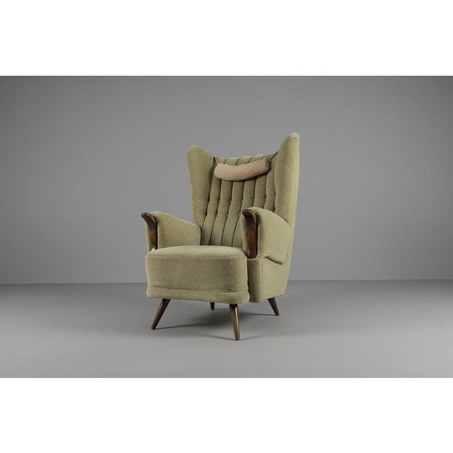 Large Green Italian Wood & Fabric Wingback Armchair, 1950s For Sale - Image 15 of 15