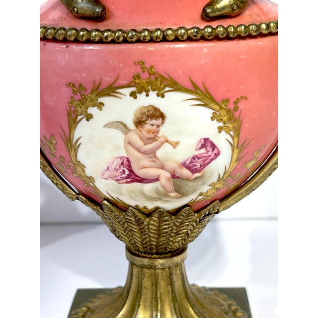 Pink Pair French Louis XVI Style Sèvres Rose Pompadour Ormolu-Mounted Cabinet Vases For Sale - Image 8 of 17