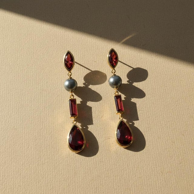 Garnet & Pearl Drop Earrings Studs, Silver, Gold, Pair For Sale - Image 6 of 9