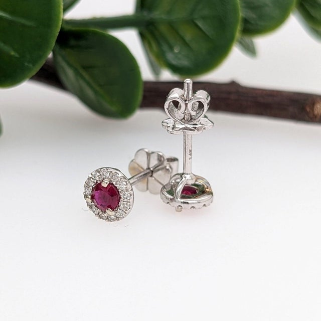 Metal Pretty Ruby Studs With Natural Diamond Halo: Solid 14k Gold, Round 3.3mm, Pair For Sale - Image 7 of 8