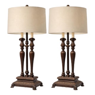 Pair of 1980s Neoclassical–Style Table Lamps With Ornate Cast Bases & Original Drum Shades — Elaine R. Estate For Sale