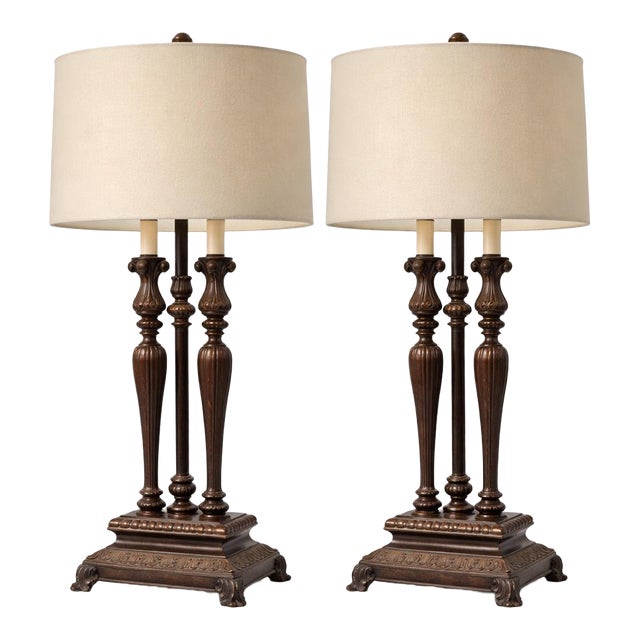 Pair of 1980s Neoclassical–Style Table Lamps With Ornate Cast Bases & Original Drum Shades — Elaine R. Estate For Sale