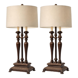 Pair of 1980s Neoclassical–Style Table Lamps With Ornate Cast Bases & Original Drum Shades — Elaine R. Estate