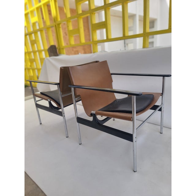 1960s Charles Pollock Knoll Chrome Leather Armchairs a Pair For Sale - Image 5 of 12