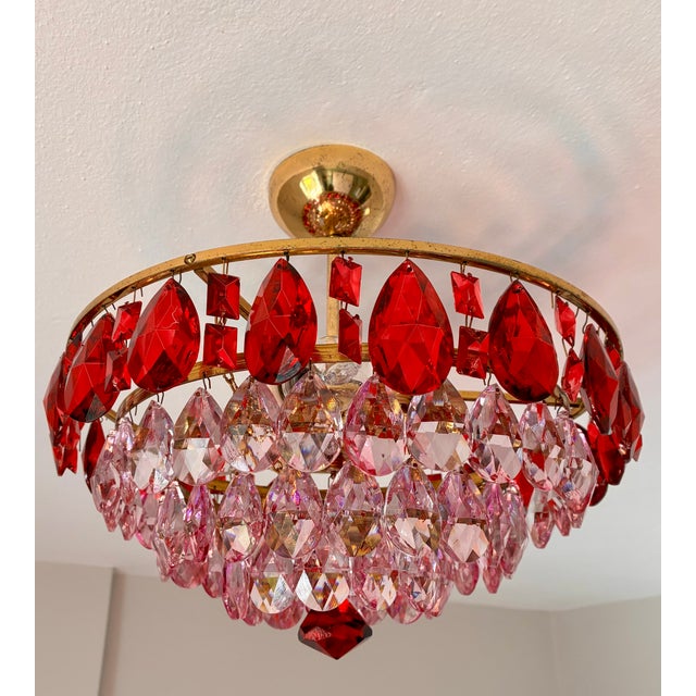 Vintage French Style Crystal Chandelier – Hand-Painted Pink & Ruby Red Prisms For Sale - Image 9 of 18