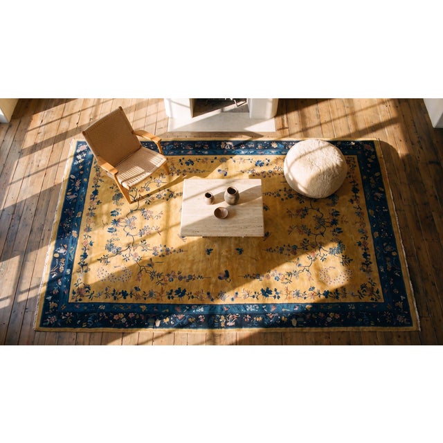 Mustard Vibrant Yellow Background Color With Lovely Floral Design Chinese Art Deco Rug For Sale - Image 8 of 9