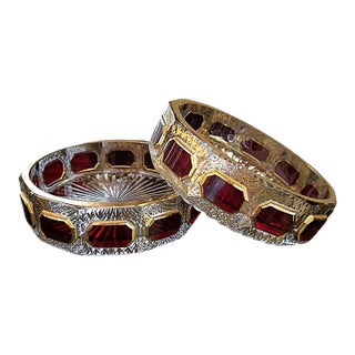 1920s Moser Art Deco Czech 24k Gold & Ruby Cabochon Crystal Pair of Ashtrays For Sale