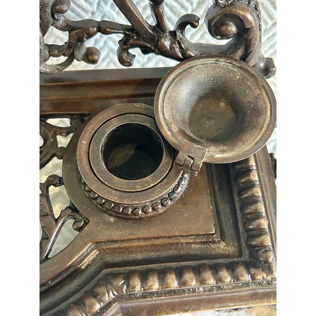 Metal Antique Bronze Victorian Rococo Revival Double Inkwell For Sale - Image 7 of 11