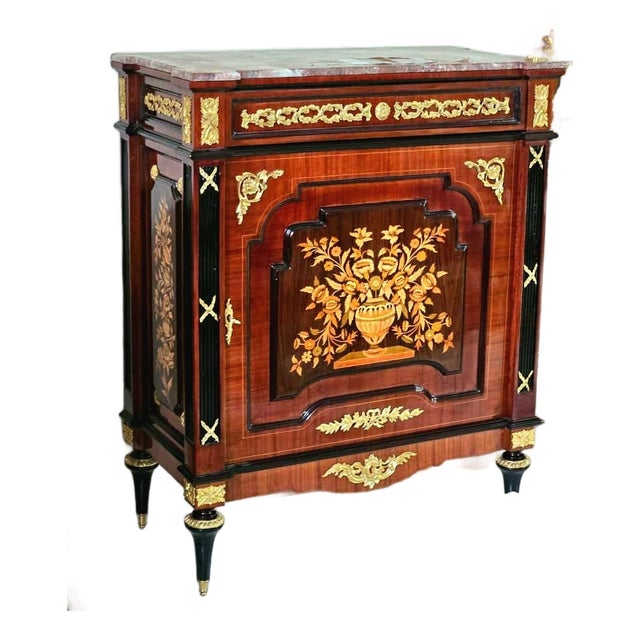 French Louis XV Marble-Top Cabinet – Ornate Floral Marquetry With Hand-Applied Gold Leaf Accents For Sale