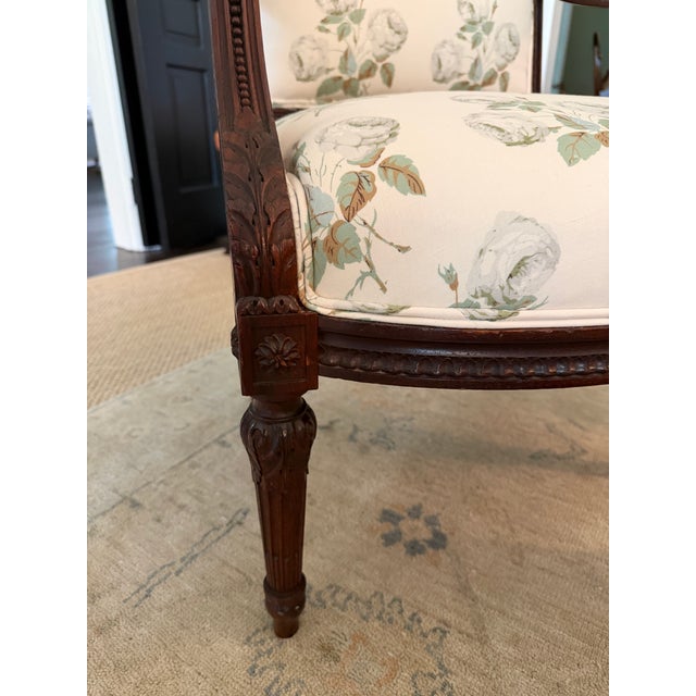 Wood Vintage Louis XVI French Neoclassical Arm Chairs Newly Upholstered in Bowood Union For Sale - Image 7 of 9