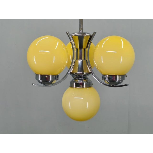 Art Deco Chrome and Opaline Glass Chandelier, Czechoslovakia, 1930s For Sale - Image 3 of 14