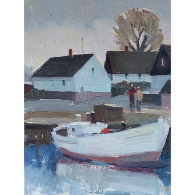 Mid-Century Modern 'Cottages by Quiet Water' Swedish Original Landscape Oil Painting, Framed For Sale - Image 10 of 11