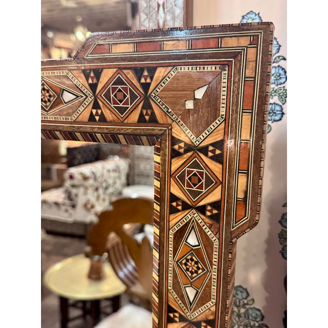 Vintage Marquetry Wood Inlay Mirror Frame With Mother-of-Pearl For Sale In Los Angeles - Image 6 of 7