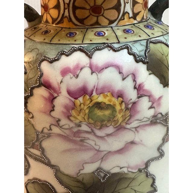 Ceramic Early 20Th Century Asian Japanese Hand Painted Imperial Nippon Floral Handle Marriage Vase For Sale - Image 7 of 16