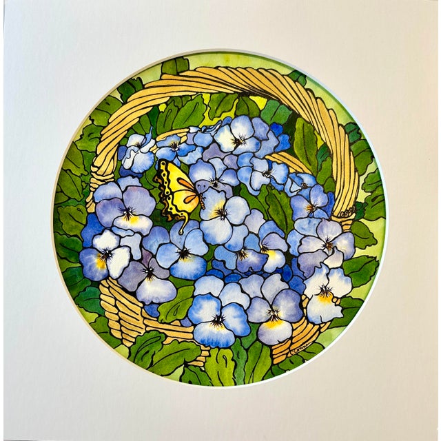 Giclee Print of Watercolor Painting “Basket of Violas” Ink and Wash For Sale