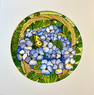 Giclee Print of Watercolor Painting “Basket of Violas” Ink and Wash