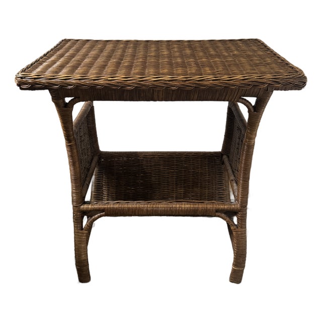 Late 20th Century Brown Wicker Rattan Table With Magazine Rack For Sale