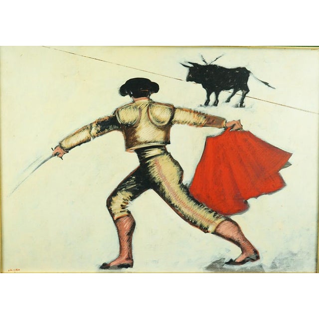 Item description: Large oil painting on canvas depicting a bullfighter with a bull in a bullfight, with a gold frame,...