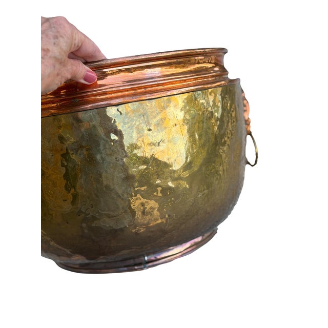 Large 14" Antique French Repoussé Copper Jardinière, 19th Century Alliance Coat of Arms Cachepot, Lion Head Handles, French Planter For Sale - Image 9 of 15