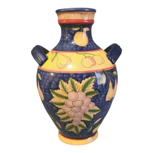 Late 20th Century Hand Painted Fruit Grapes Italian Deruta Pottery Amphora Vessel Vase