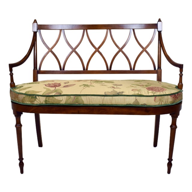 Mahogany Sheraton Style Caned Settee With Floral Silk Cushion, 1990s For Sale