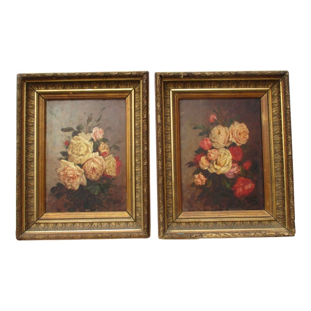 Rose Bouquets Paintings by Louis Darey -- A Pair of 2 For Sale