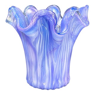 Vintage MCM Murano “Lavorazione Arte” Blue Ribbed Ruffle Art Glass Vase For Sale