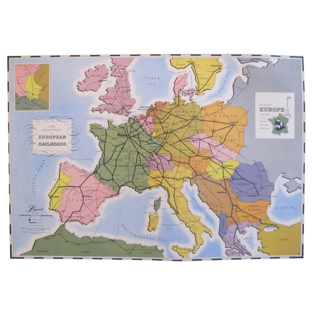 1949 Original Vintage French Travel Poster, European Railroad Map (Linen Backed) For Sale