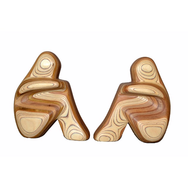 80's Hand-Crafted Zebra Wood Sitting People Bookends, Table Sculptures, Decor, Room Accents & Accessories. Signed by...