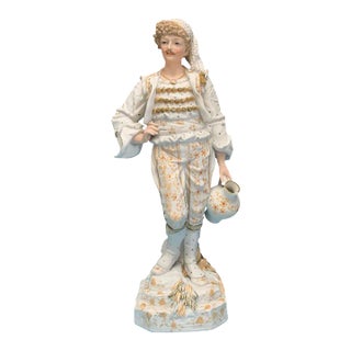 15 Inch Tall Antique French Bisque Porcelain Man Holding a Water Jug For Sale