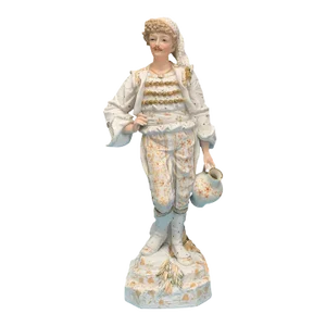 15 Inch Tall Antique French Bisque Porcelain Man Holding a Water Jug