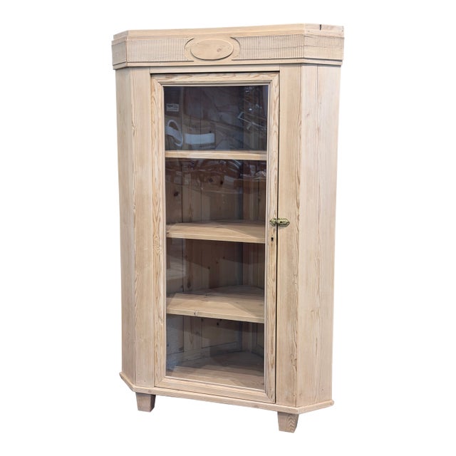 Late 20th Century Natural Pine Corner Display Cabinet With Fluted Crown and Glass Door For Sale