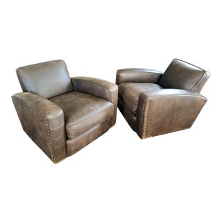 Restoration Hardware Italian Waxed Suede Swivel Library Chairs - a Pair For Sale
