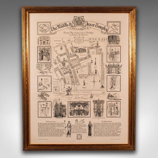This is a vintage barrister's map of London. An English, annotated Inner and Middle Temple lithograph framed behind glass,...