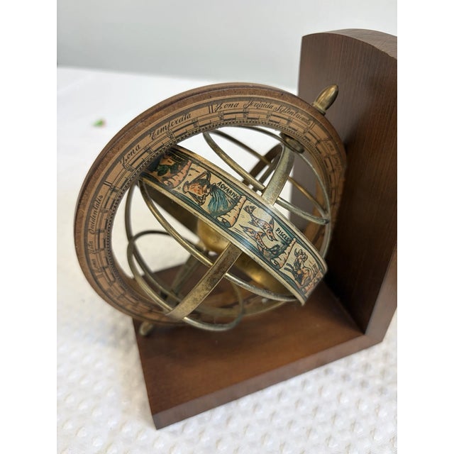 1990s Vintage MCM Italian Armillary Sphere Zodiac Brass and Wood Bookends-Pair For Sale - Image 5 of 5