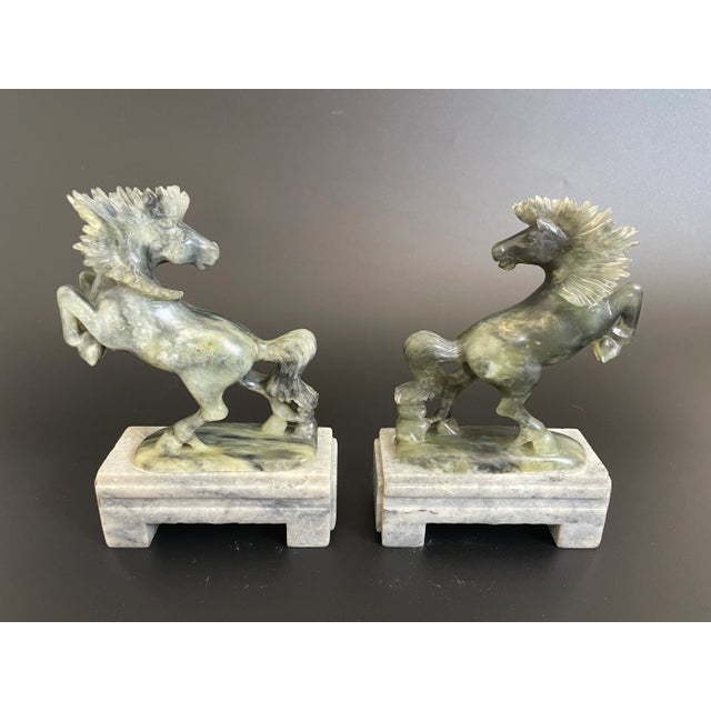 Pair 80s Chinese Running Horses Statues - Paperweights. Green soapstone horses mounted on gray soapstone pedestals. Hand...