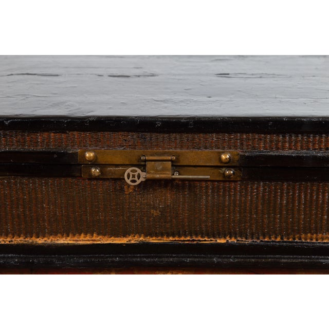 Chinese Qing Dynasty 19th Century Black Lacquer Blanket Chest with Rattan Inlay For Sale - Image 11 of 13