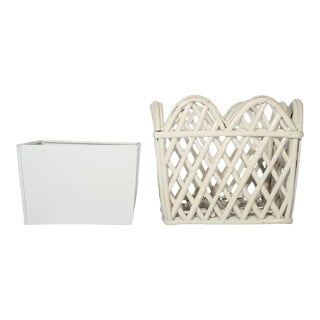 Rattan Lattice Scalloped 8" Square Planter, White For Sale