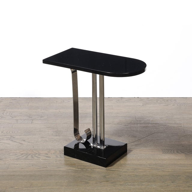 Art Deco Art Deco Black Lacquer & Chrome Streamlined End Table W/ Scroll Detail by Belmet For Sale - Image 3 of 15