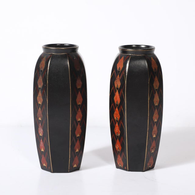 Ceramic Pair of Art Deco Ceramic Vases W/ Geometric Motifs Signed Faincerie St Ghislain For Sale - Image 7 of 14
