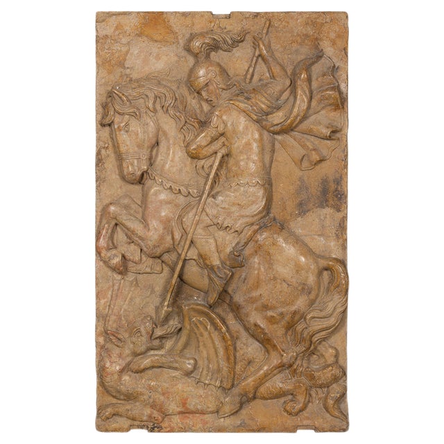 19th Century Italian Marble Plaque of George Slaying the Dragon, 1870 For Sale