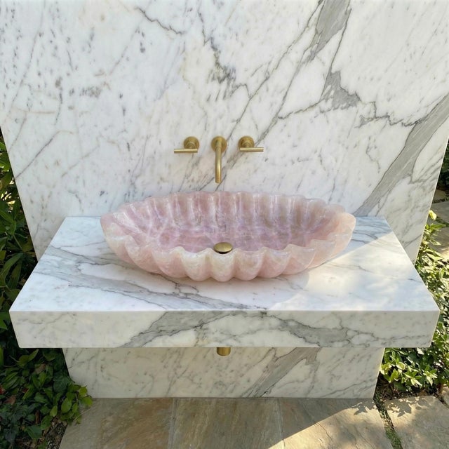 Pink Quartz Luxury Stone Scalloped Sink Basin For Sale - Image 4 of 12