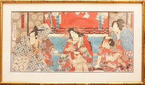 Japanese Woodblock Etching Bamboo Gold Frame Circa 19th Century