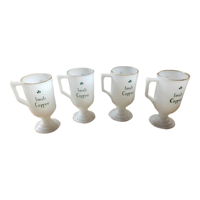 Set of 4 Vintage Milk Glass Gold Rim Irish Pedestal Shamrock Coffee Mugs For Sale