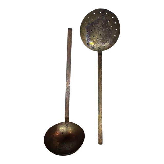 Antique Hand-Forged Iron and Brass Ladle & Perforated Skimmer, C. 19th Century For Sale