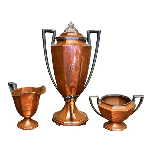 1930s Beautiful Art Deco Copper Percolator, Creamer and Sugar Set For Sale
