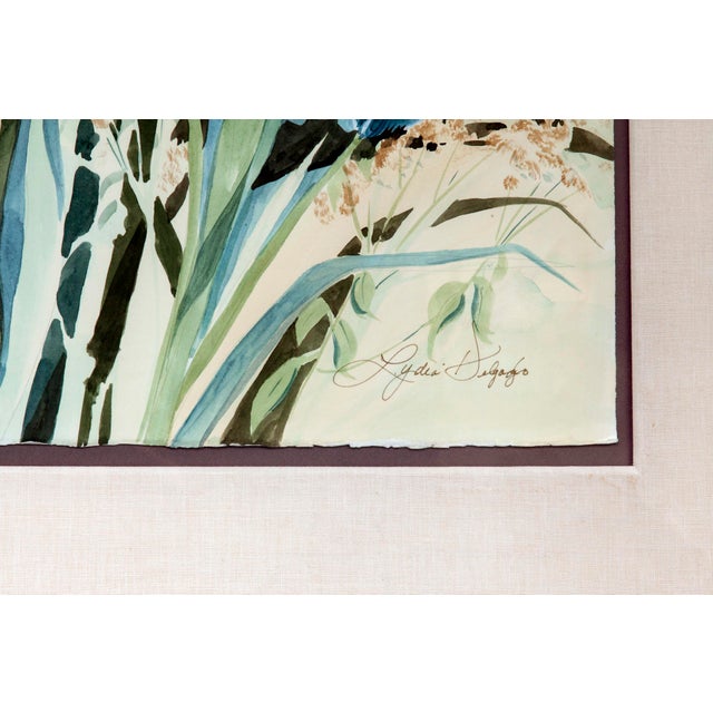 American "Blue Irises" Framed Watercolors by Artist Lydia Delgado, Laguna Beach, Ca. For Sale - Image 3 of 7