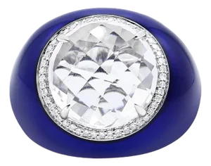 18K White Gold 14mm White Quartz and 1/5 Cttw Diamond Halo with Blue Enamel Dome Ring (F-G Color, VS